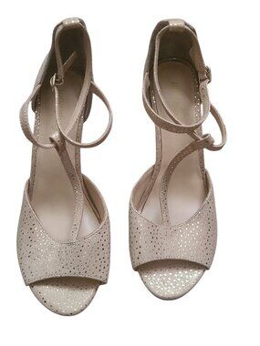 Faryl Robin Champagne Gold Shimmer Polka Dot T Strap Heels Sandals Womens 10